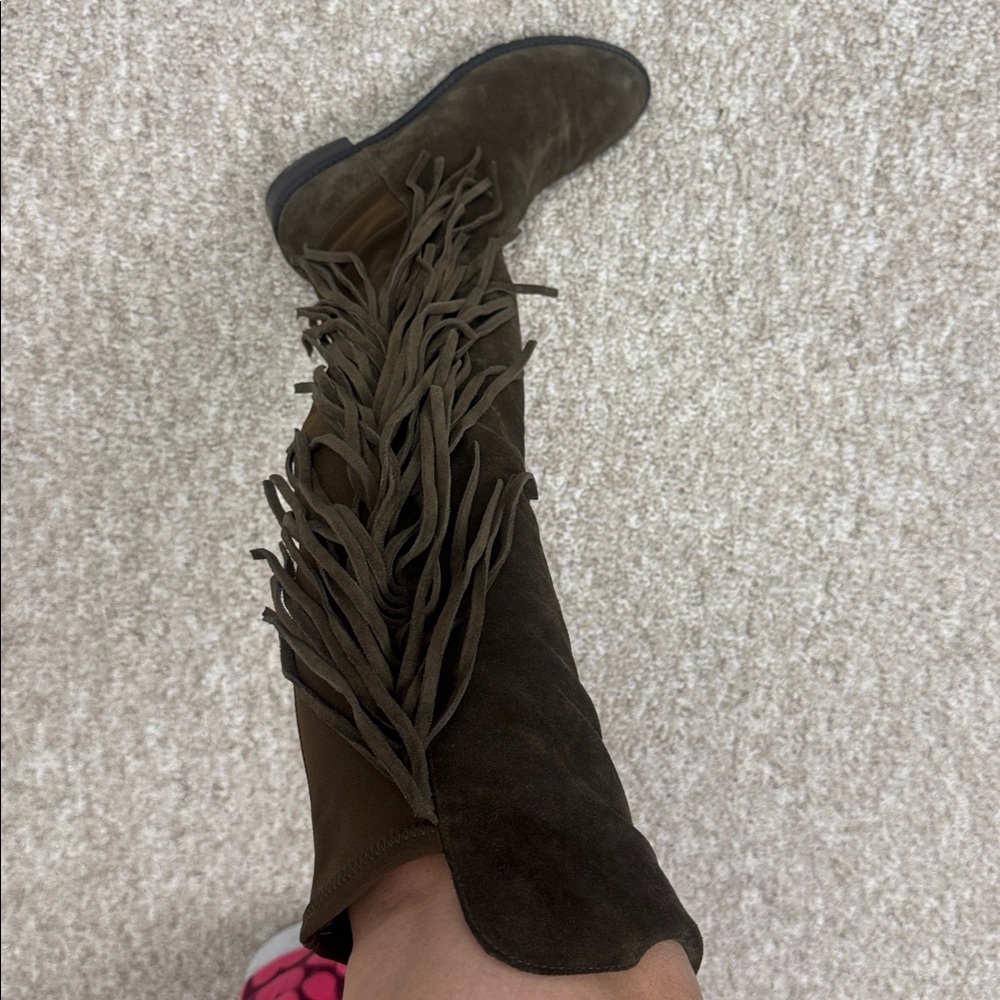 Stuart Weitzman Olive Suede Over-the-Knee Fringe Boots - Picture 6 of 8